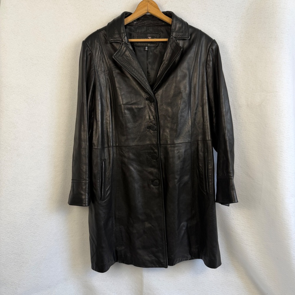 Avanti Black Genuine Leather Trench Coat Jacket Womens Plus 3X Mid Length - Picture 8 of 15
